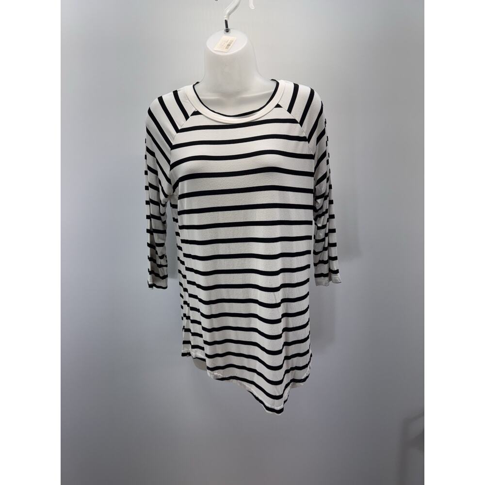 Tickled Teal Blouse Top Shirt Womens M 3/4 Sleeve Striped White Black Long Tunic